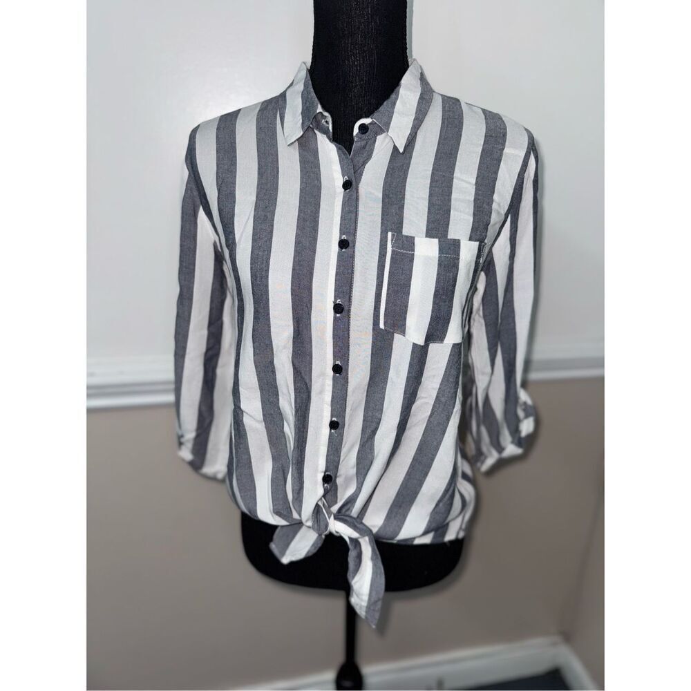 Pink Rose Stripe Button Down Blouse with Tie Front Size Small